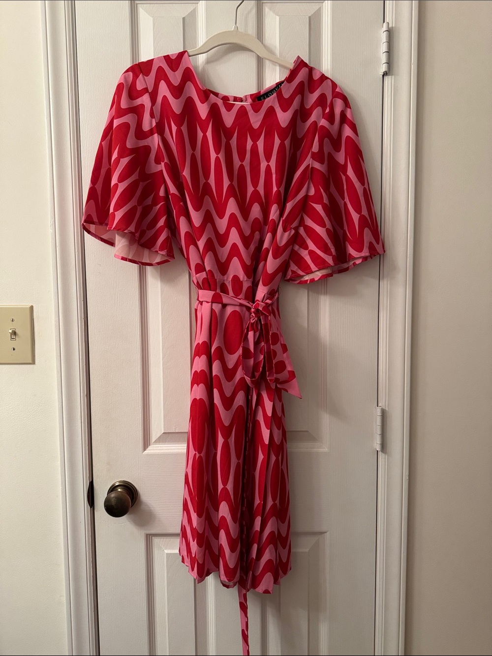 Eloquii Pink and Red Wave-Print Wrap Midi Dress